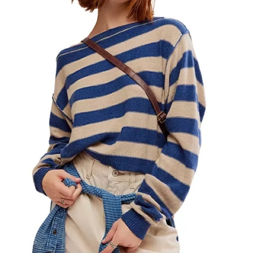 We The Free Off-Shoulder Sweater in Navy and Beige - Picture 2 of 9